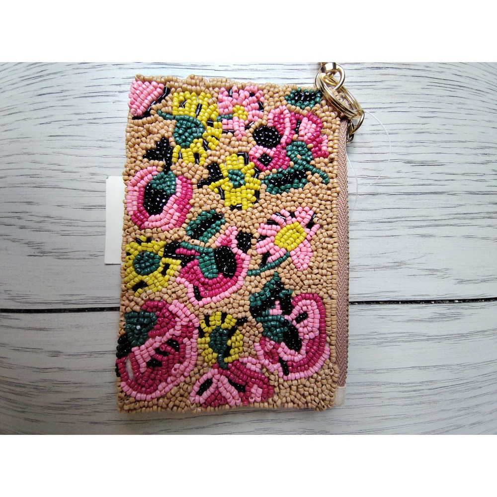 New Floral Beaded Coin Purse Keychain Tan Pink Yellow Zip Pouch Wallet